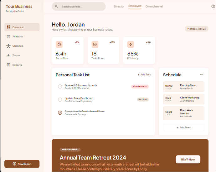 Employee Dashboard - Task lists, calendar scheduling, and team status monitoring